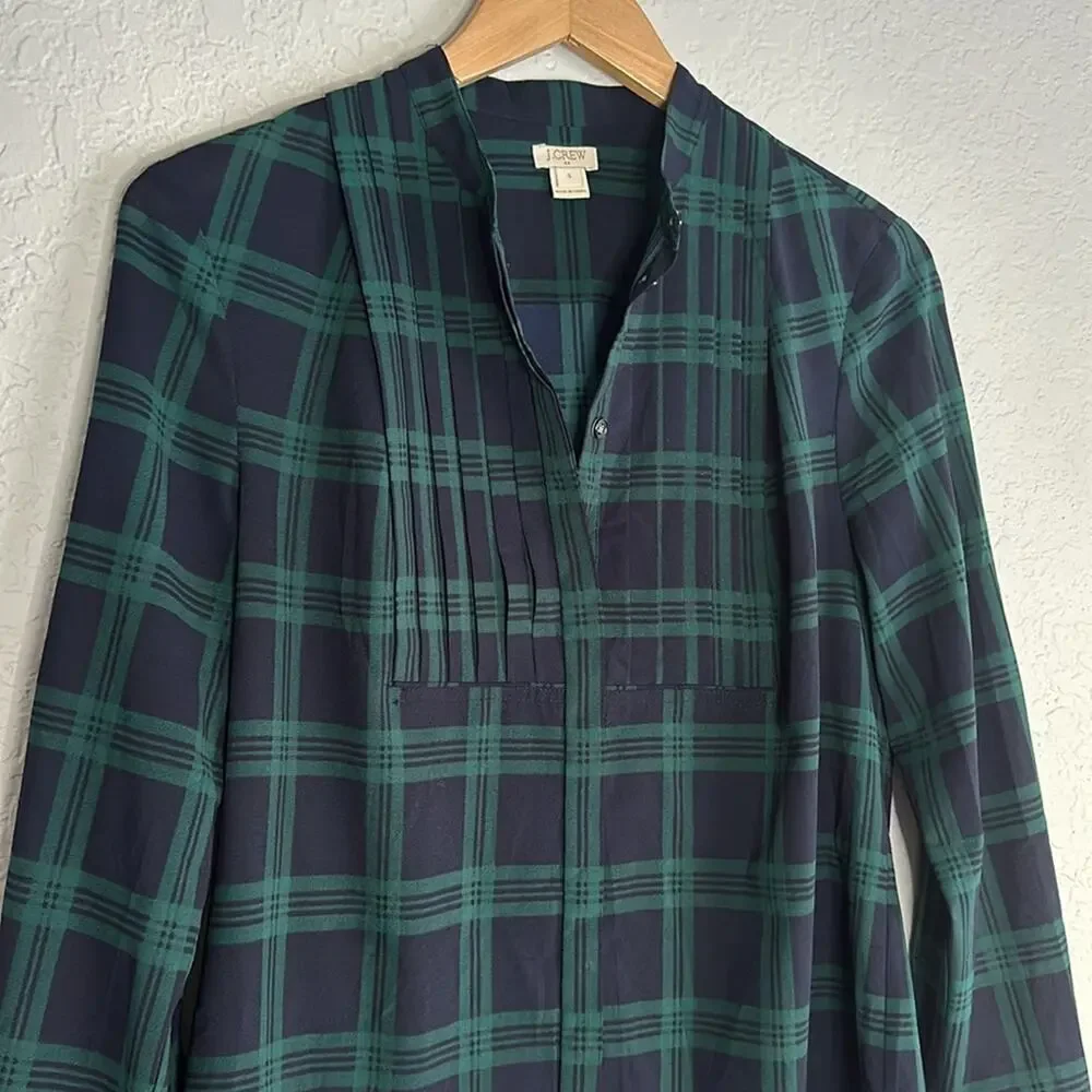 Vintage J.Crew Navy Plaid Tuxedo Bib Blouse Preppy Classic Academia Small